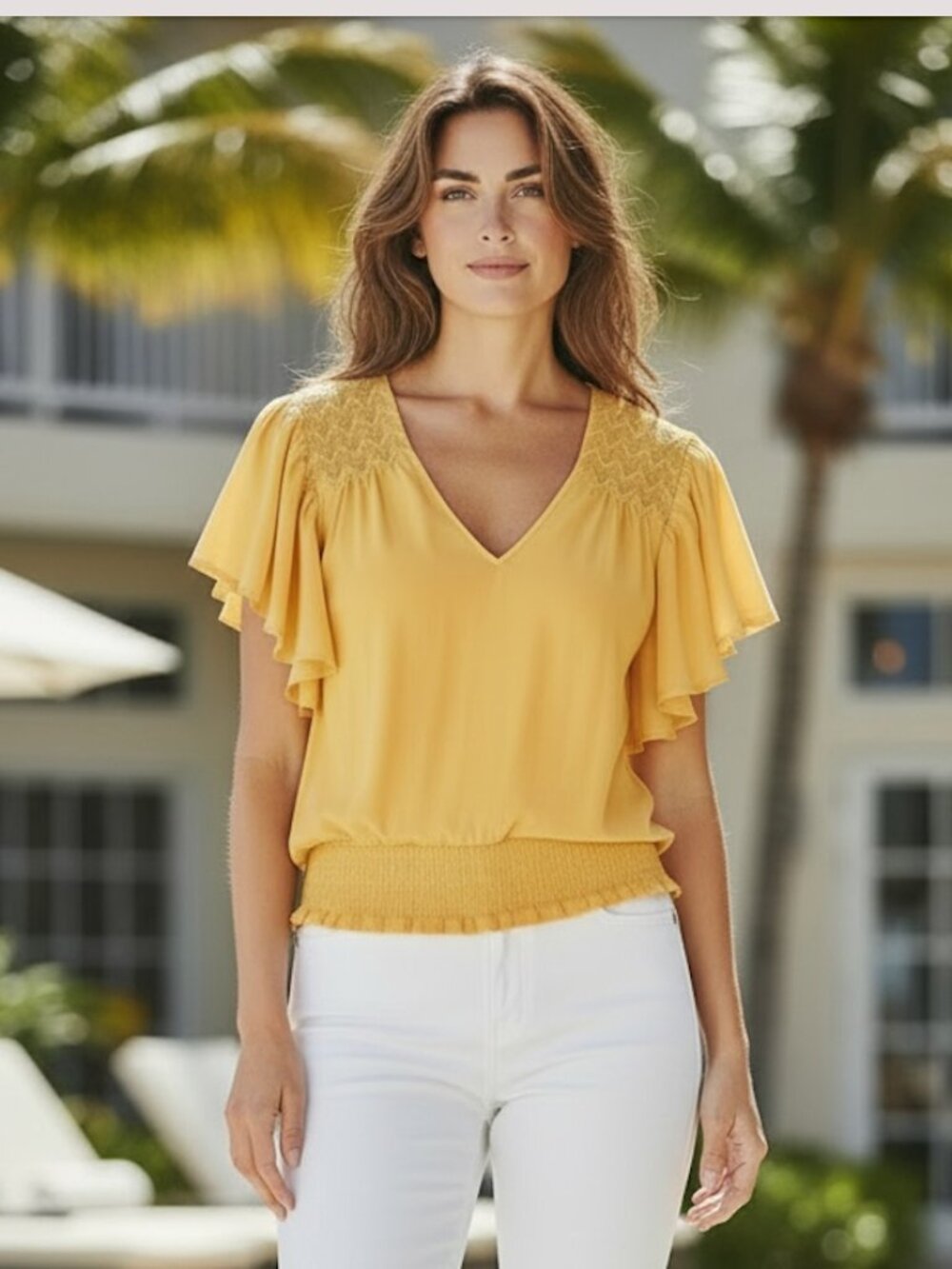 Ramy‎ Brook Yellow Smocked Blouse Ruffle Sleeve V Neck Top Medium